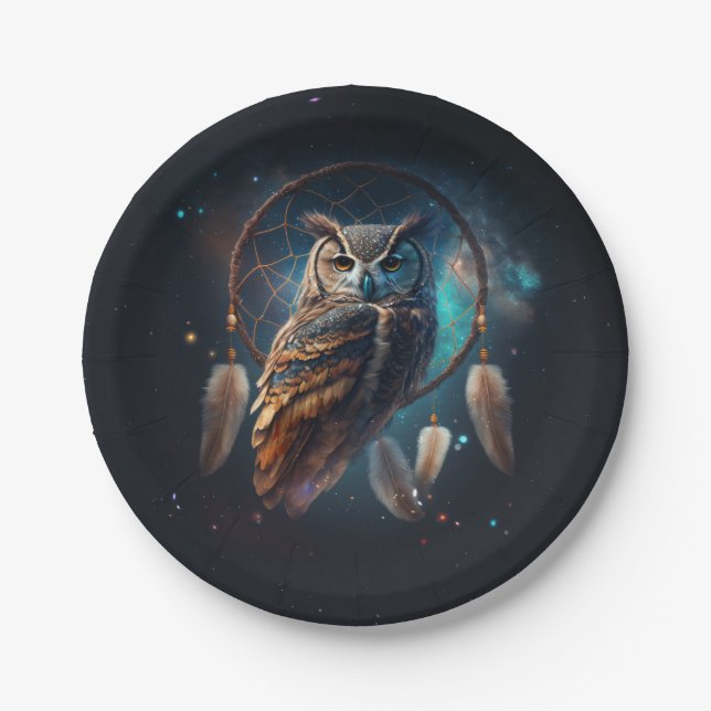 Prato De Papel Mystical Space Owl with Dreamcatcher Art       (Frente)