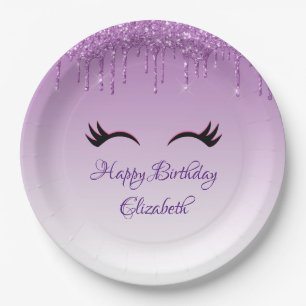 Prato De Papel Na moda Black Eyelashes & Purple Glitter Birday