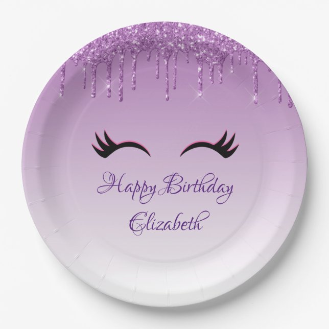 Prato De Papel Na moda Black Eyelashes & Purple Glitter Birday (Frente)