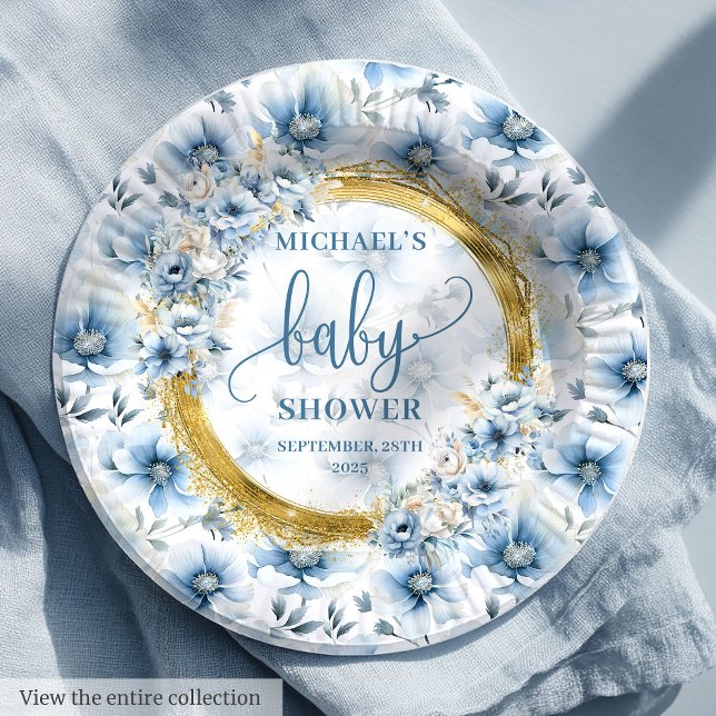 Prato De Papel Na moda pastel flores azuis dourado chá (Stylish pastel blue flowers gold boho shower party Paper Plates)