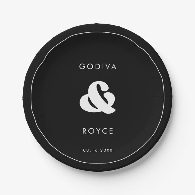 Prato De Papel Na moda retro casamento preto e branco (Frente)