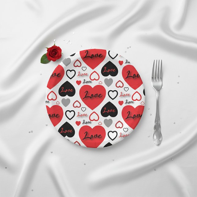 Prato De Papel Na moda Trendy Red And Black Love Heart (Criador carregado)
