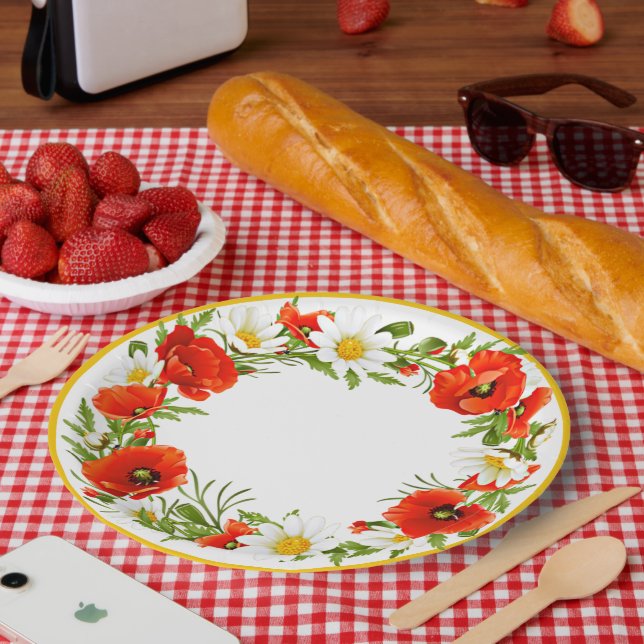 Prato De Papel Na moda White Daisies Red Poppies Flower Wreath (Piquenique)