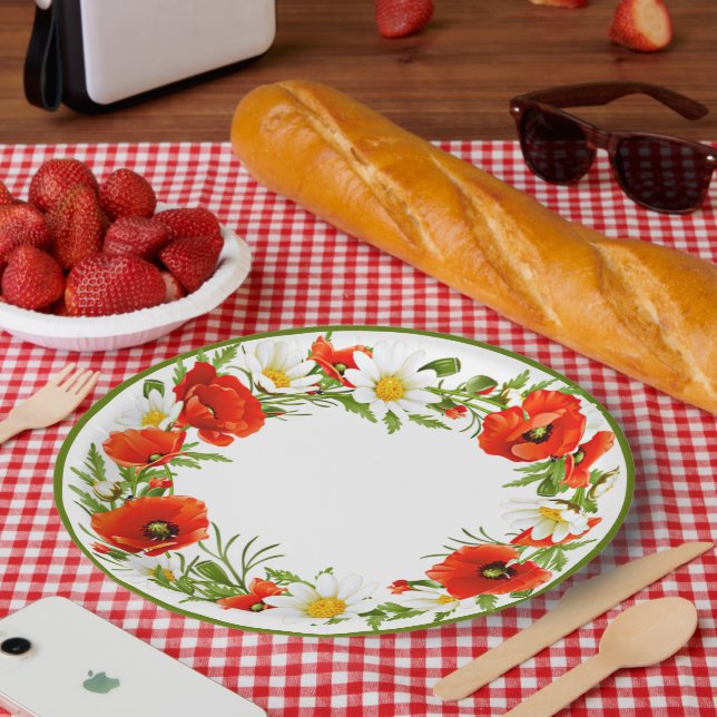 Prato De Papel Na moda White Daisies Red Poppies Flower Wreath (Piquenique)