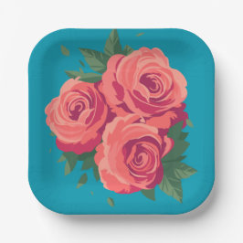 Prato De Papel Namorados de rosas cor-de-rosa com palha escura