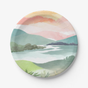 Prato De Papel Nascer do Sol na Manhã do Lago   Aquarela Natureza