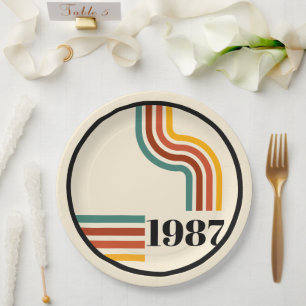 Prato De Papel Nascido Vintage em 1987 40º Aniversário Listra Ret