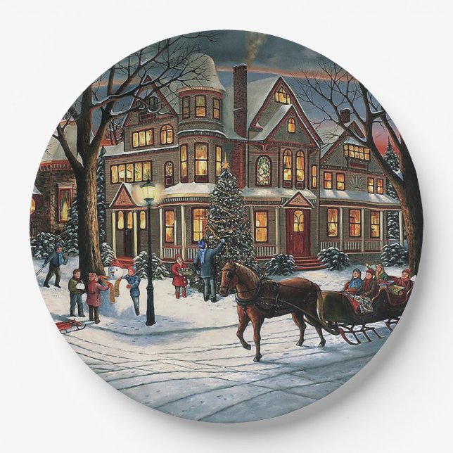 Prato De Papel Natais vintages paisagem de neve (Frente)