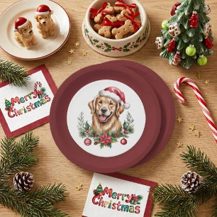 Prato De Papel Natal adorável do Golden Retriever