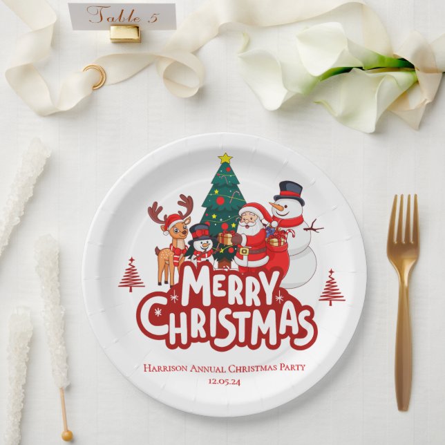 Prato De Papel Natal Alegre Vermelho e Branco (Casamento)