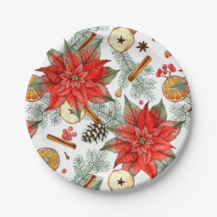Prato De Papel Natal Antigo Alegre Aquarela Poinsettia Vermelha