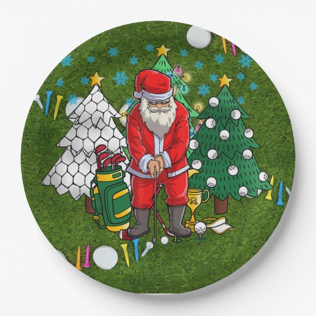 Prato De Papel Natal com Papai Noel com bola de golfe (Frente)