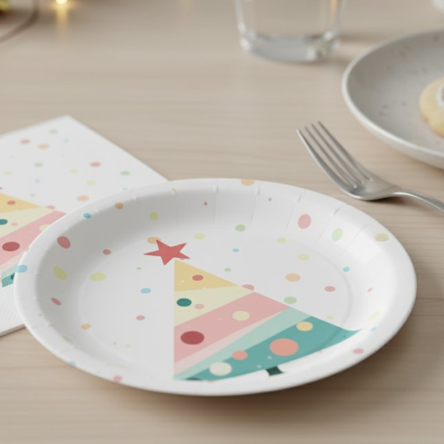 Prato De Papel Natal da Bolinhas de Pastel Moderno Whimsical (Pastel color polka dot Christmas tree paper plate)