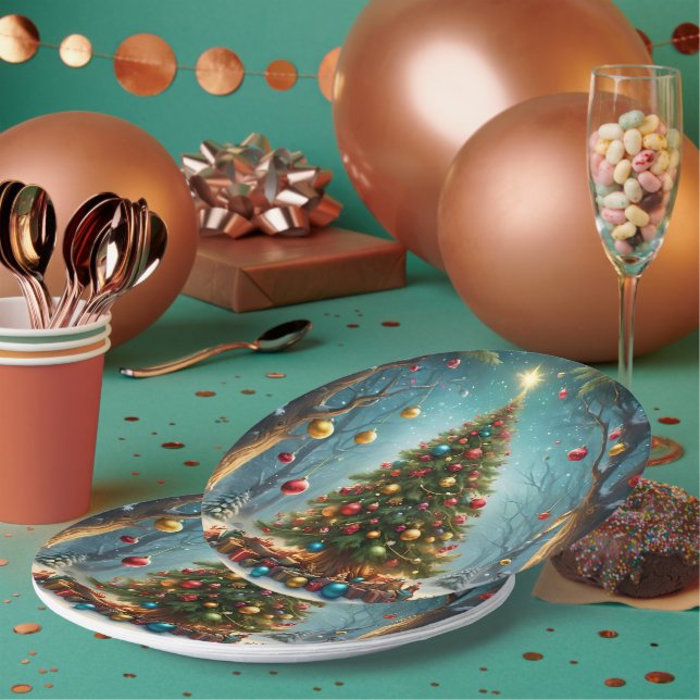 Prato De Papel Natal da Floresta Encantada: Árvore com Enfeites (Múltiplo)