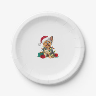 Prato De Papel Natal de Santa Hat Yorkie no Xmas Lighting
