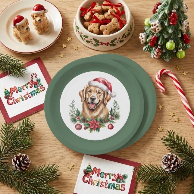 Prato De Papel Natal do Cute Golden Retriever (Criador carregado)