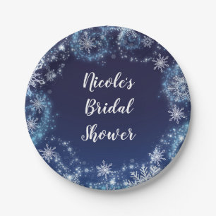 Prato De Papel Natal em Inverno Azul e Branco com Flocos de Neve 