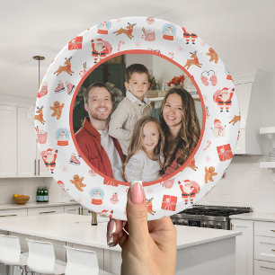Prato De Papel Natal em Vermelho e Rosa Foto da Família no Natal