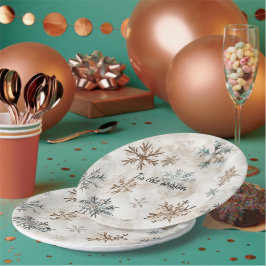Prato De Papel Natal Flocos de Neve Azul Marrom Creme