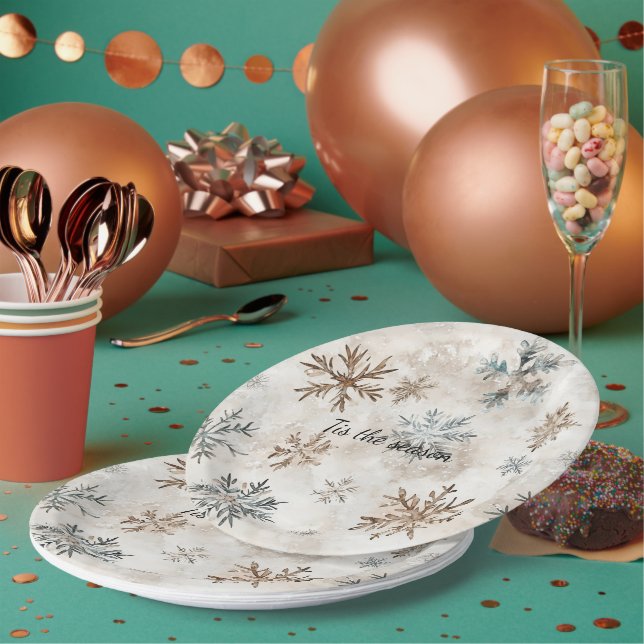 Prato De Papel Natal Flocos de Neve Azul Marrom Creme (Múltiplo)