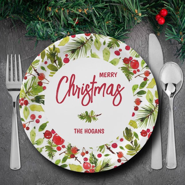 Prato De Papel Natal Greenery Berries Feriado (Personalized Merry Christmas paper plates with greenery and berries)