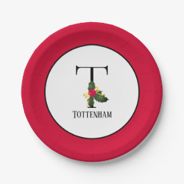 Prato De Papel Natal Holly Berry Monograma Inicial T