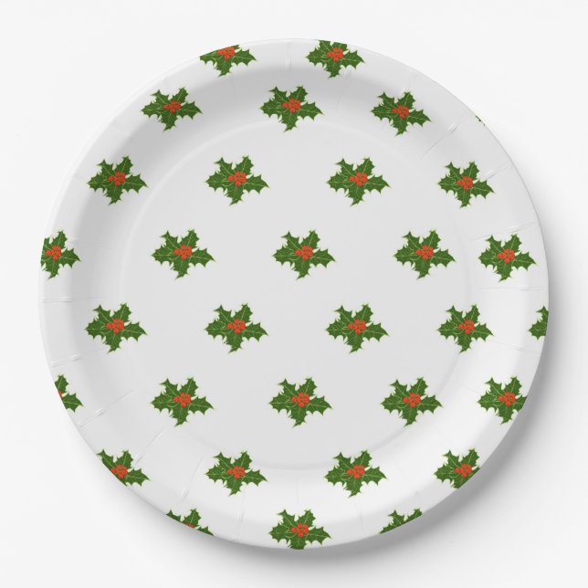 Prato De Papel Natal Holly Pattern Red Berries Folhas Verdes (Frente)