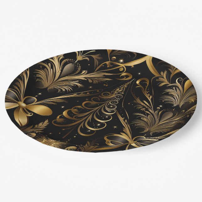 Prato De Papel Natal Ornate Preto e Dourado (Inclinado)
