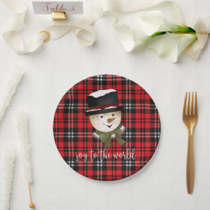 Prato De Papel Natal Red e Black Tartan Snowman