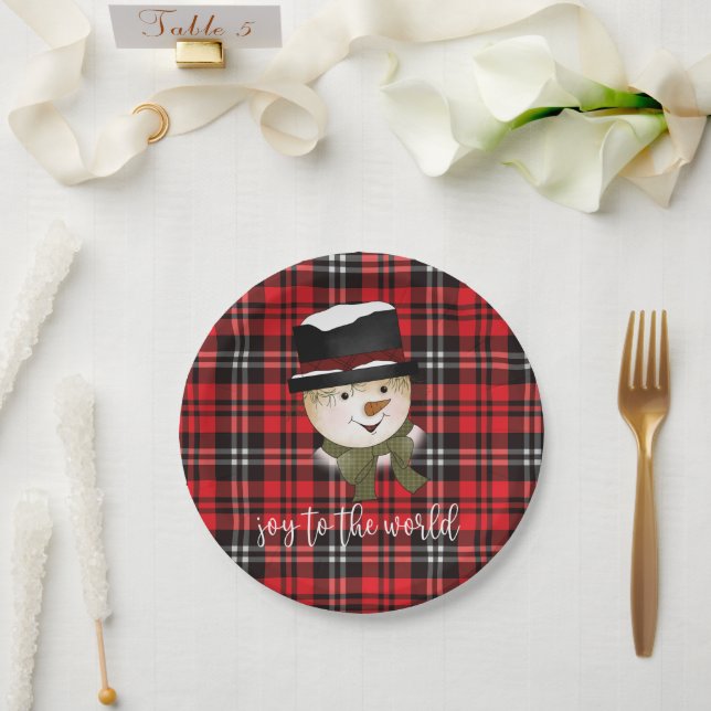 Prato De Papel Natal Red e Black Tartan Snowman (Casamento)