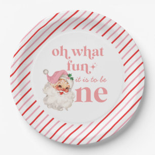 Prato De Papel Natal retrô rosa Papai Noel Primeiro Aniversário