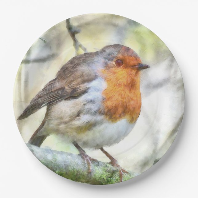 Prato De Papel Natal Robin Redbreast Winter Watercolor (Frente)