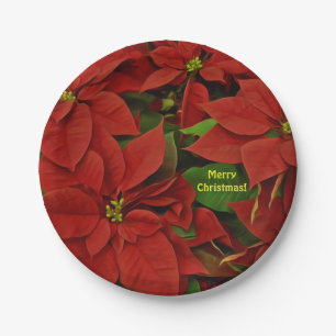 Prato De Papel Natal tradicional pintado com Poinsettia Vermelha