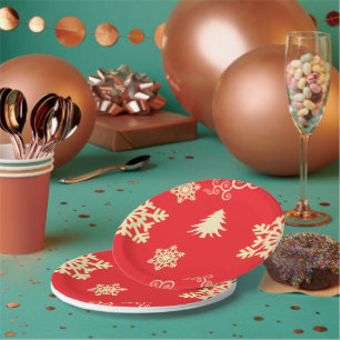 Prato De Papel Natal Vermelho com Flocos de Neve Cream