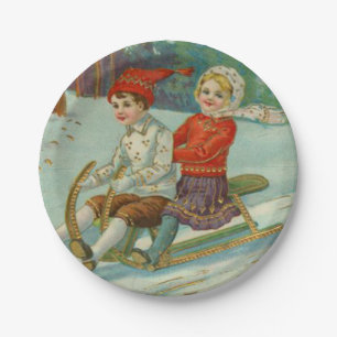Prato De Papel Natal vintage que Sledding com crianças
