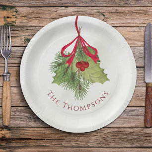 Prato De Papel Natal Watercolor Greenery Holiday Holly Berry