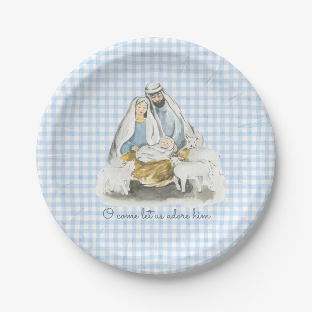 Prato De Papel Nativity, Manger Scene, Gingham Blue (Frente)
