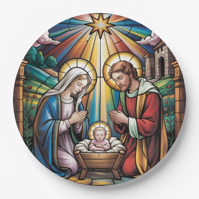 Prato De Papel Nativity Stained Glass Art – Holy Family Christmas (Frente)