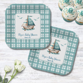 Prato De Papel Náutica Blue Sailboat "Oh, Baby" Placas de Festas