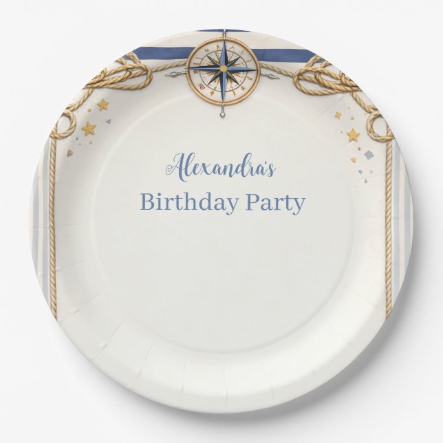 Prato De Papel Nautical Anchor Compass Birthday (Frente)