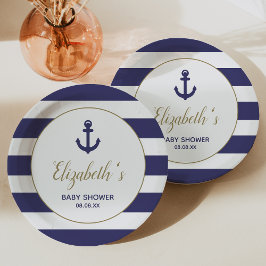 Prato De Papel Nautical Anchor Navy Blue Stripes Boy Baby Shower
