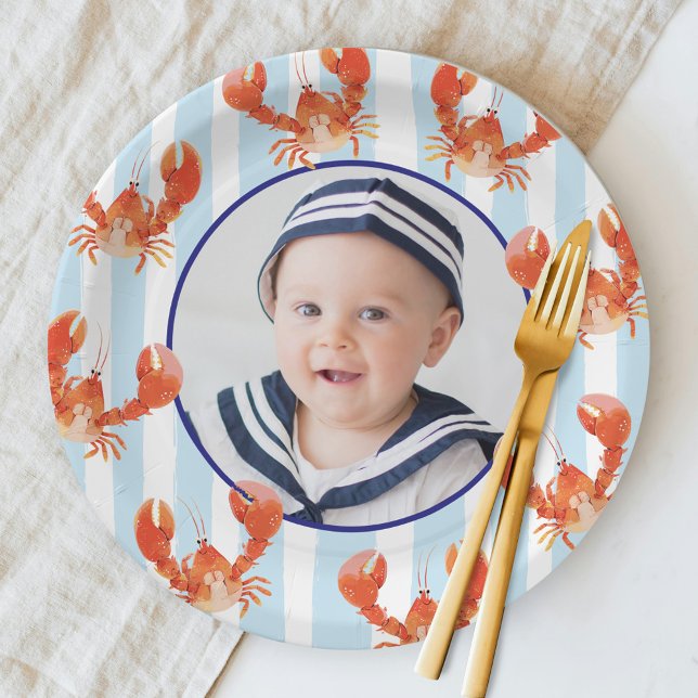 Prato De Papel Nautical Lobster Kids Birthday Photo (Criador carregado)