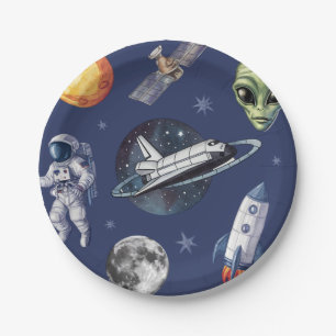 Prato De Papel Nave Espacial de Foguete Moderno Planeta Aniversár