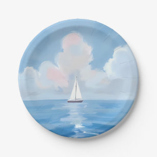 Prato De Papel Navegando em Azul   Pintura do Oceano de Barco à V