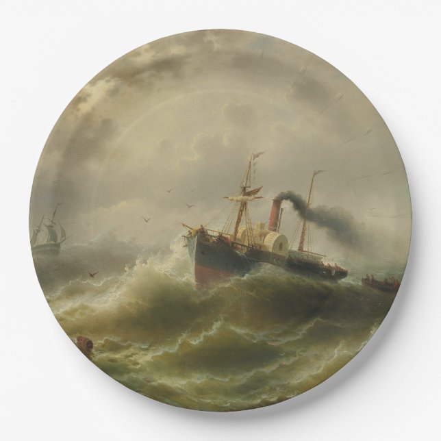 Prato De Papel Navio a vapor numa tempestade no mar do Norte (Frente)