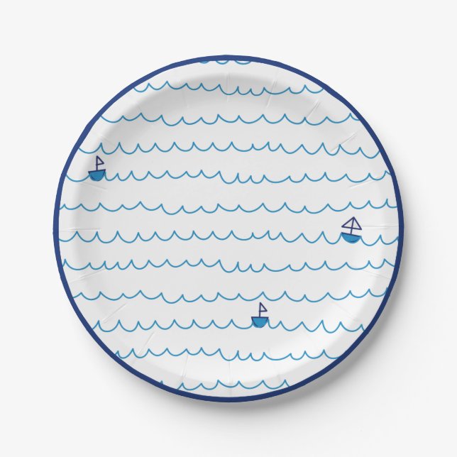 Prato De Papel Navio Náutico Festa de Verão Ondas de Barcos Azuis (Frente)