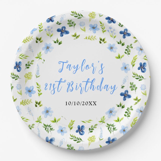 Prato De Papel Navy and Baby Blue Floral Birthday (Frente)
