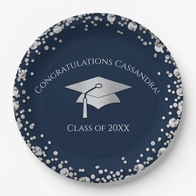 Prato De Papel Navy Blue and Silver Graduation (Frente)