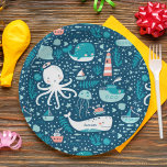 Prato De Papel Navy Blue and White Nautical Ocean Pattern Boy<br><div class="desc">Add a custom nautical touch to your little kid's birthday party with this adorable ocean set of paper plates. Each plate has a pattern of a whale, octopus, sailboat, steam boat, jellyfish, submarine, and lighthouse on a navy blue background. Plate may be personalized with the first name of your kid....</div>