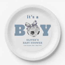 Prato De Papel Navy Blue Bow Soccer Sport Boy Baby Shower 